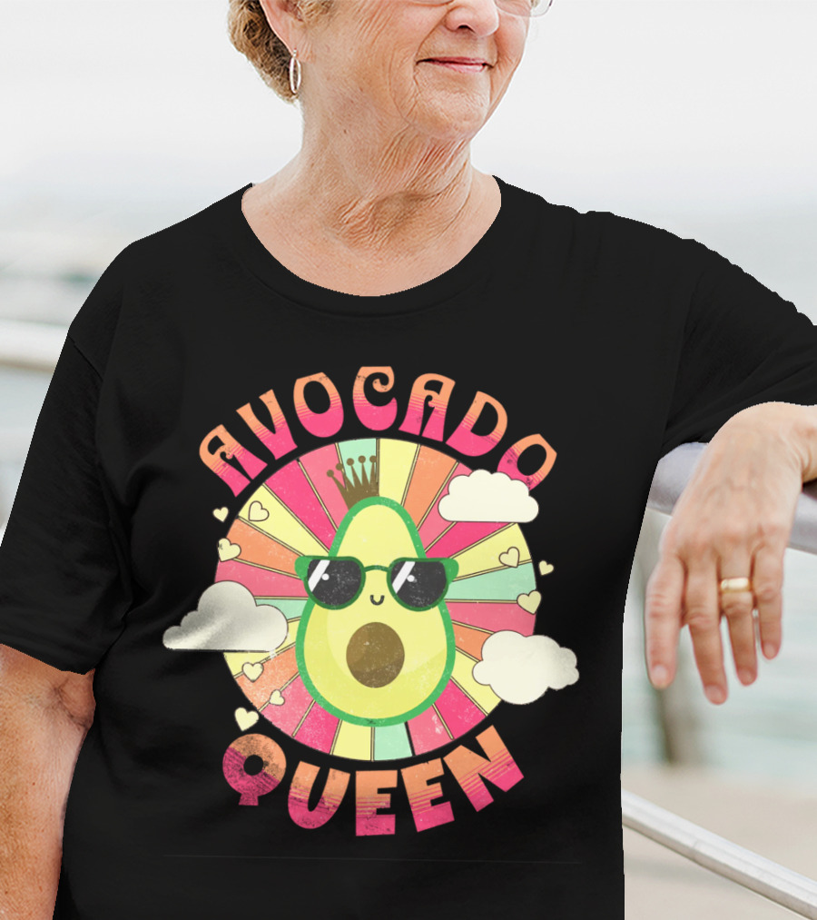 Kawaii Avocado Queen Retro Rainbow Sunburst With Clouds And Sunglasses T-Shirt