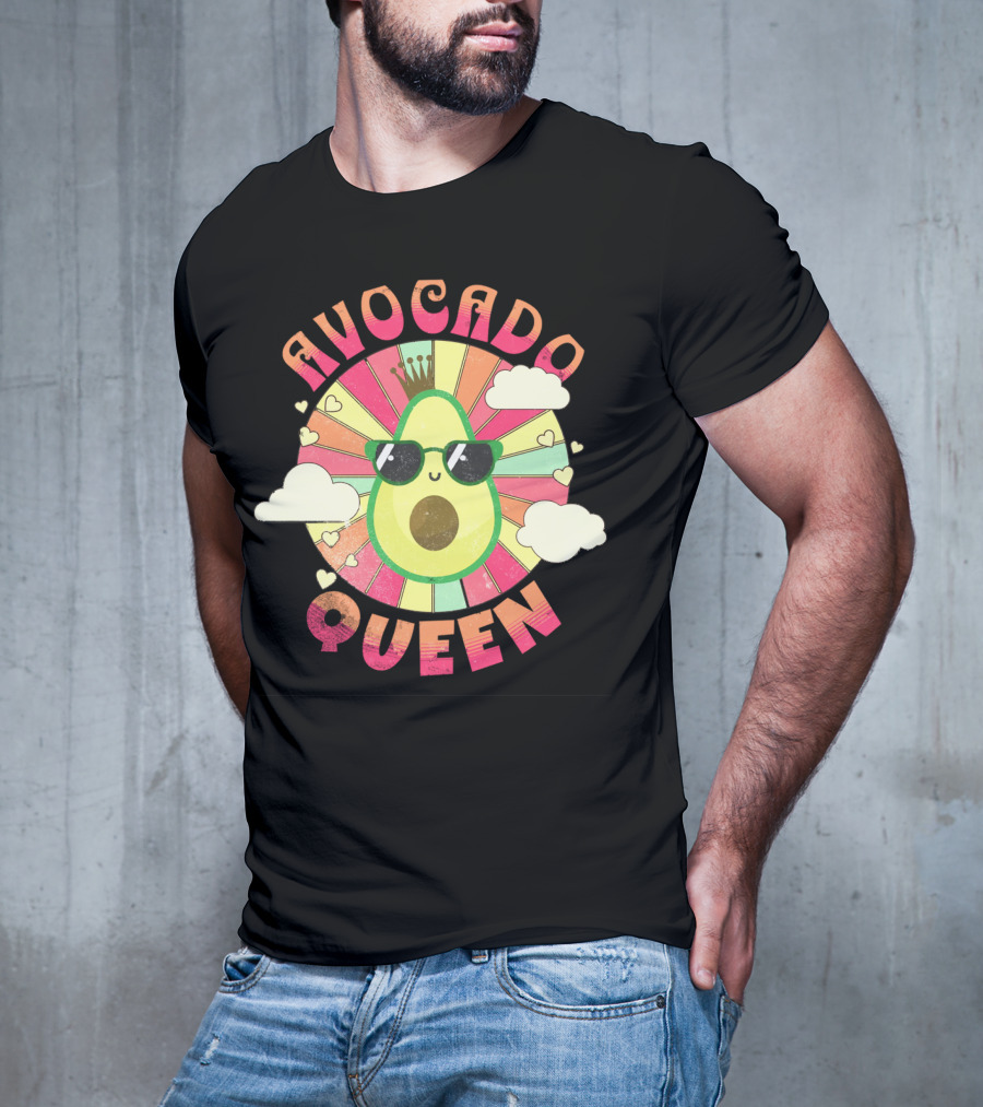 Kawaii Avocado Queen Retro Rainbow Sunburst With Clouds And Sunglasses T-Shirt