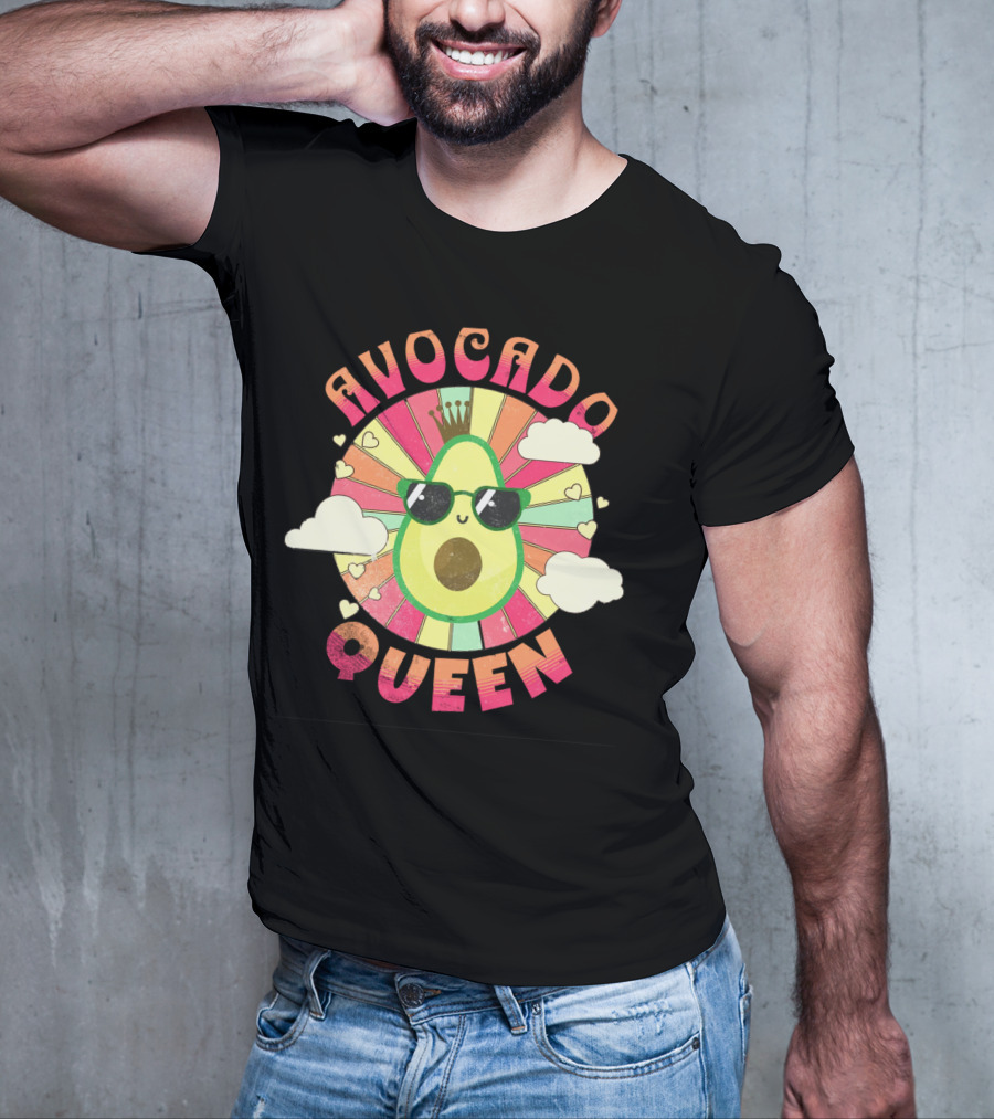 Kawaii Avocado Queen Retro Rainbow Sunburst With Clouds And Sunglasses T-Shirt