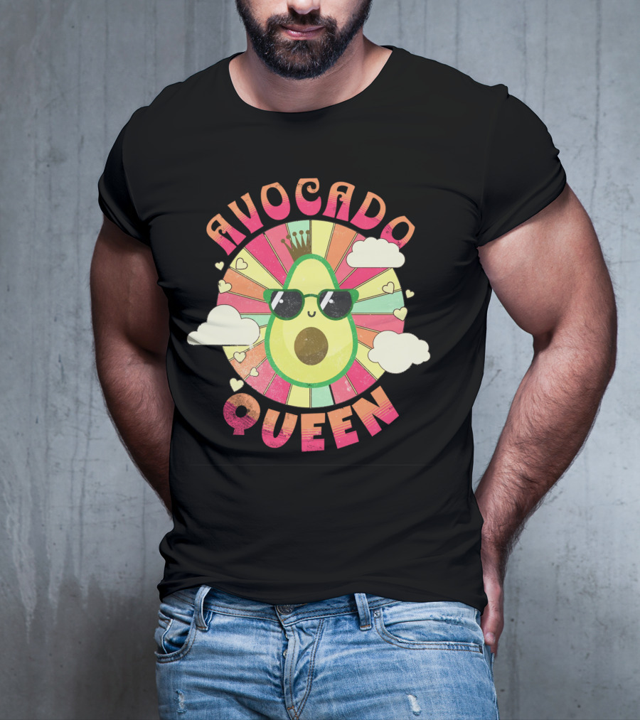 Kawaii Avocado Queen Retro Rainbow Sunburst With Clouds And Sunglasses T-Shirt