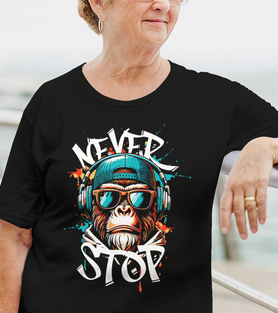 Never Stop Headphones Monkey With Sunglasses And Cap T-Shirt