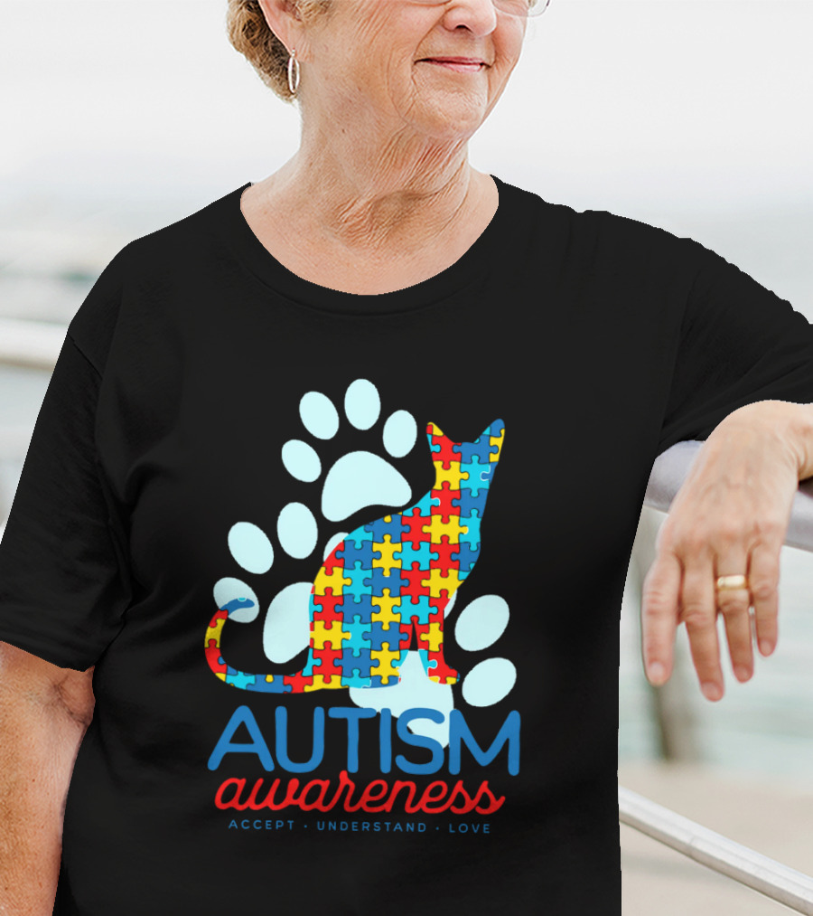 Autism Awareness Accept Understand Love Puzzle Cat Paw T-Shirt