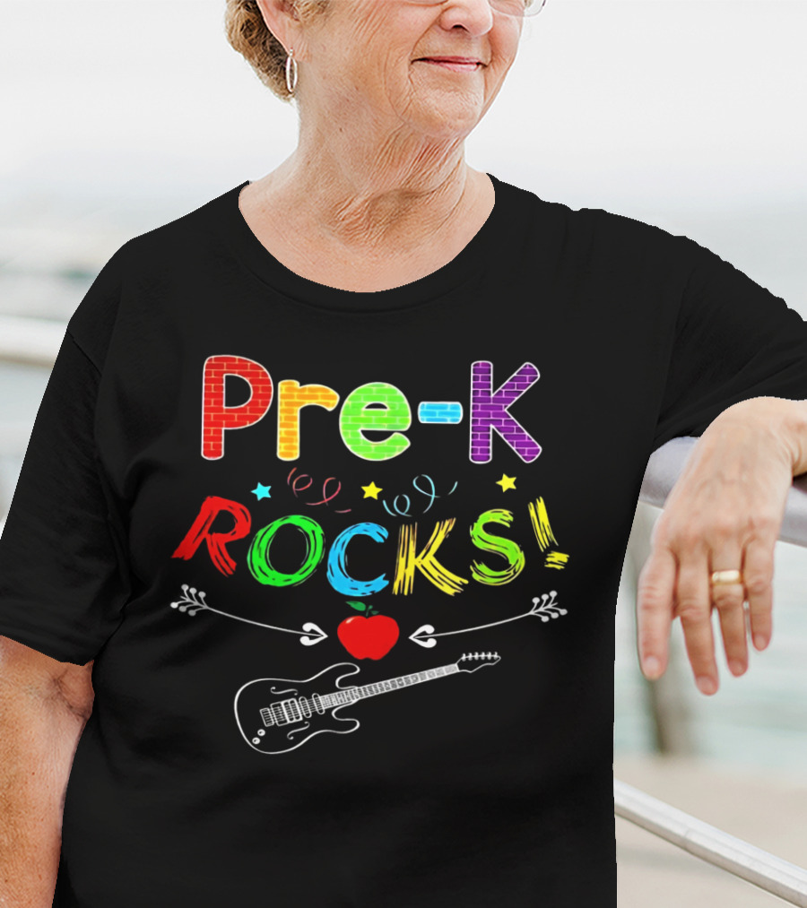 Pre-K Rocks Funny Kids Teachers Back To School With Guitar And Apple T-Shirt