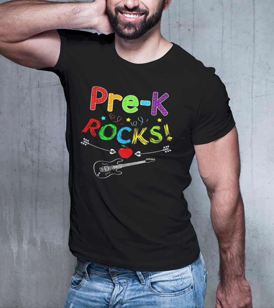 Pre-K Rocks Funny Kids Teachers Back To School With Guitar And Apple T-Shirt