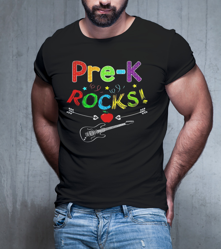 Pre-K Rocks Funny Kids Teachers Back To School With Guitar And Apple T-Shirt