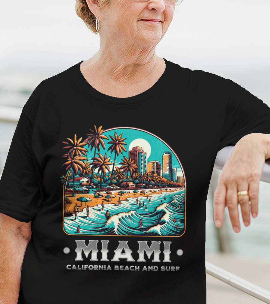 Miami Beach And Surf California Palm Skyline Ocean Waves T-Shirt