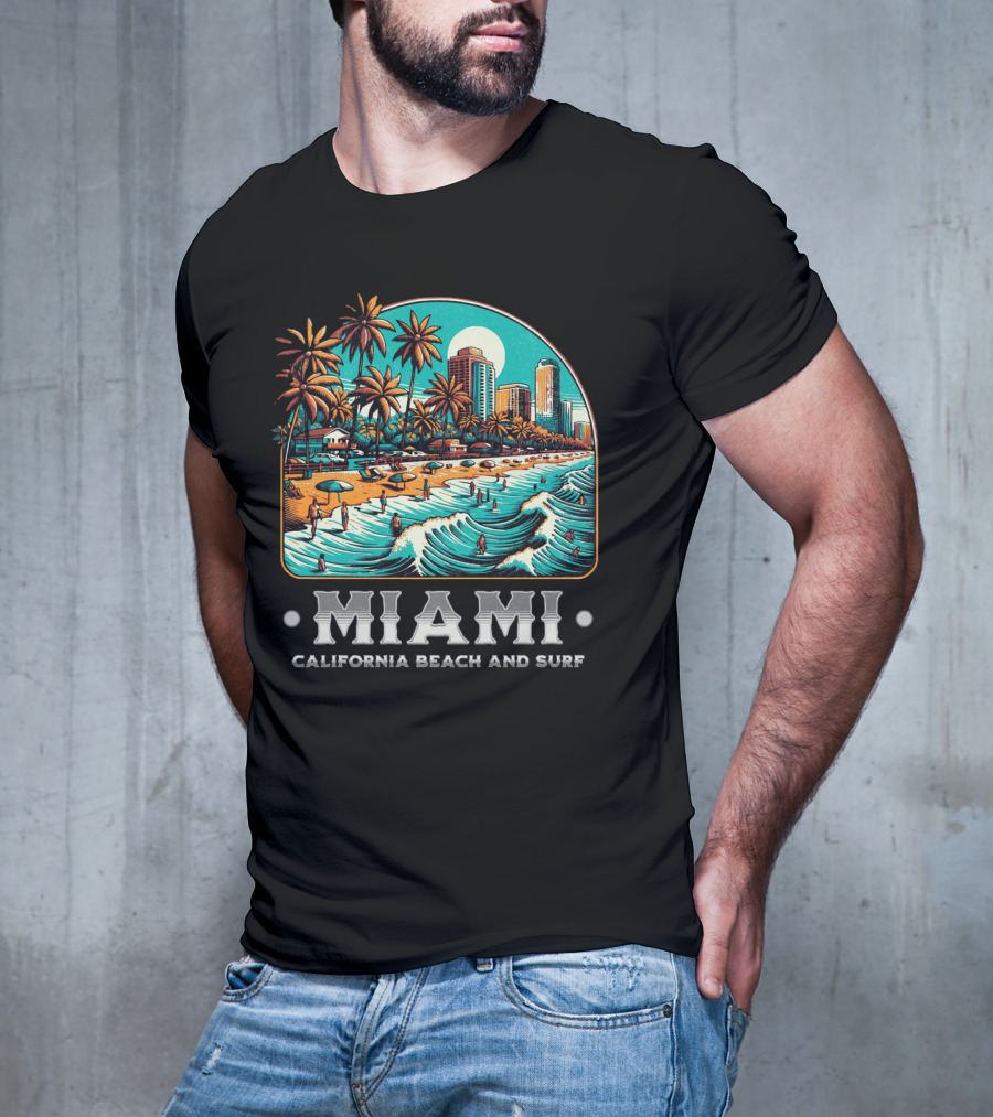 Miami Beach And Surf California Palm Skyline Ocean Waves T-Shirt