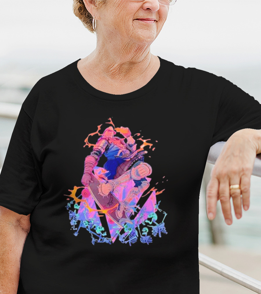 Skateboard Knight Neon Fantasy Warrior On Shredding Skeletons T-Shirt