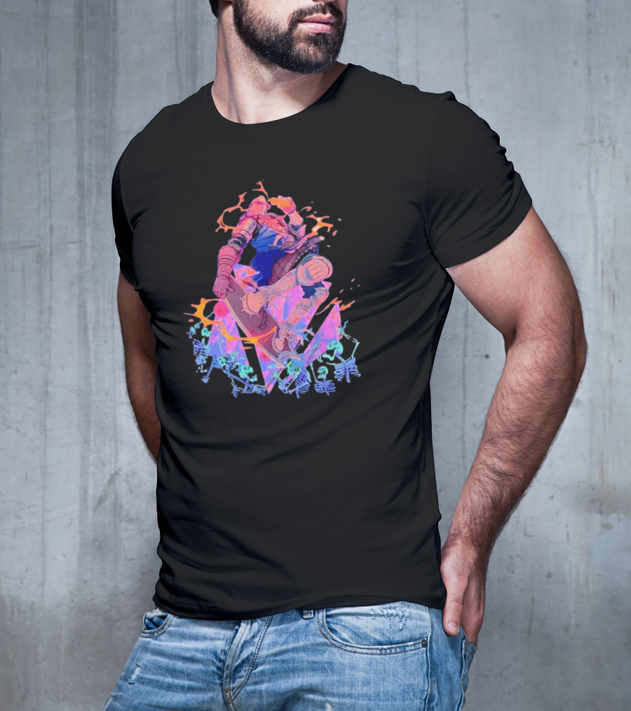 Skateboard Knight Neon Fantasy Warrior On Shredding Skeletons T-Shirt