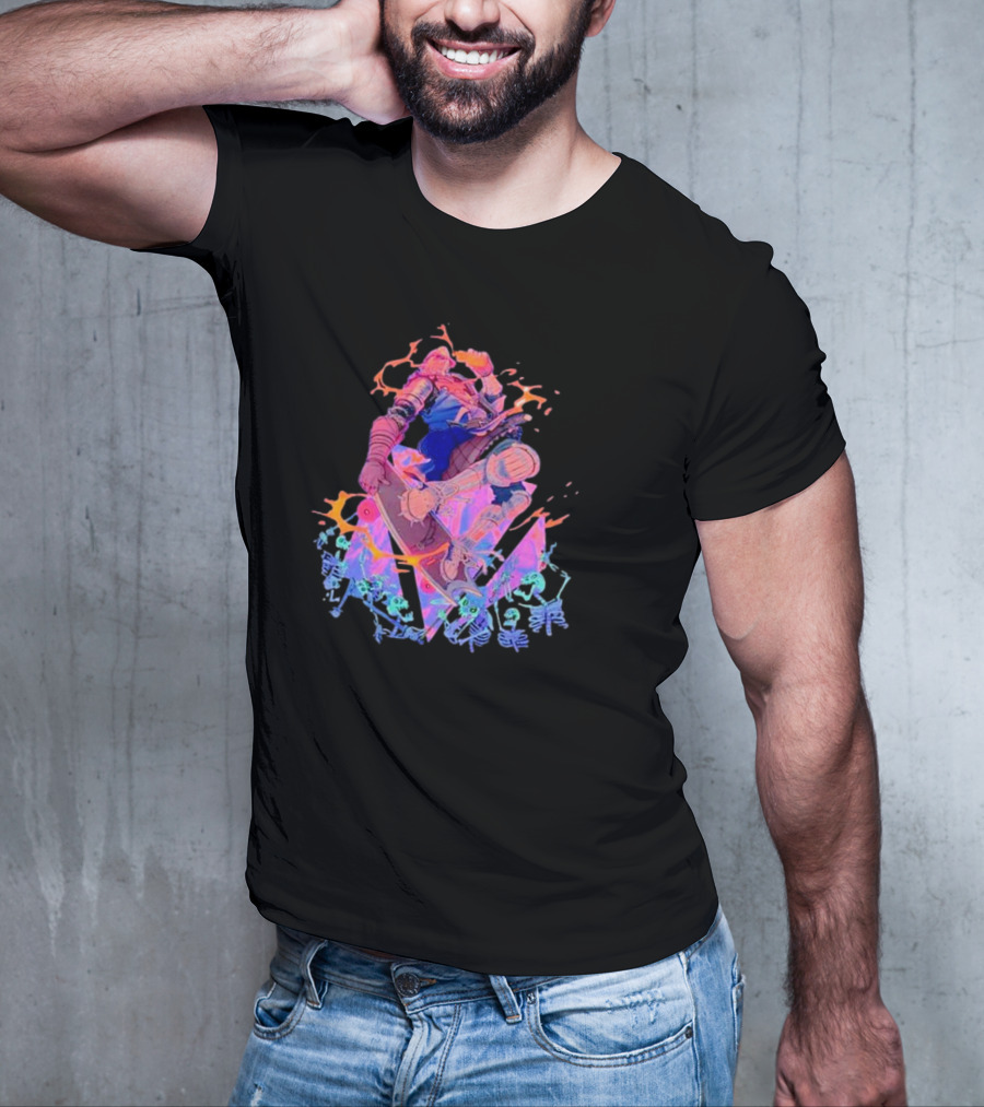 Skateboard Knight Neon Fantasy Warrior On Shredding Skeletons T-Shirt