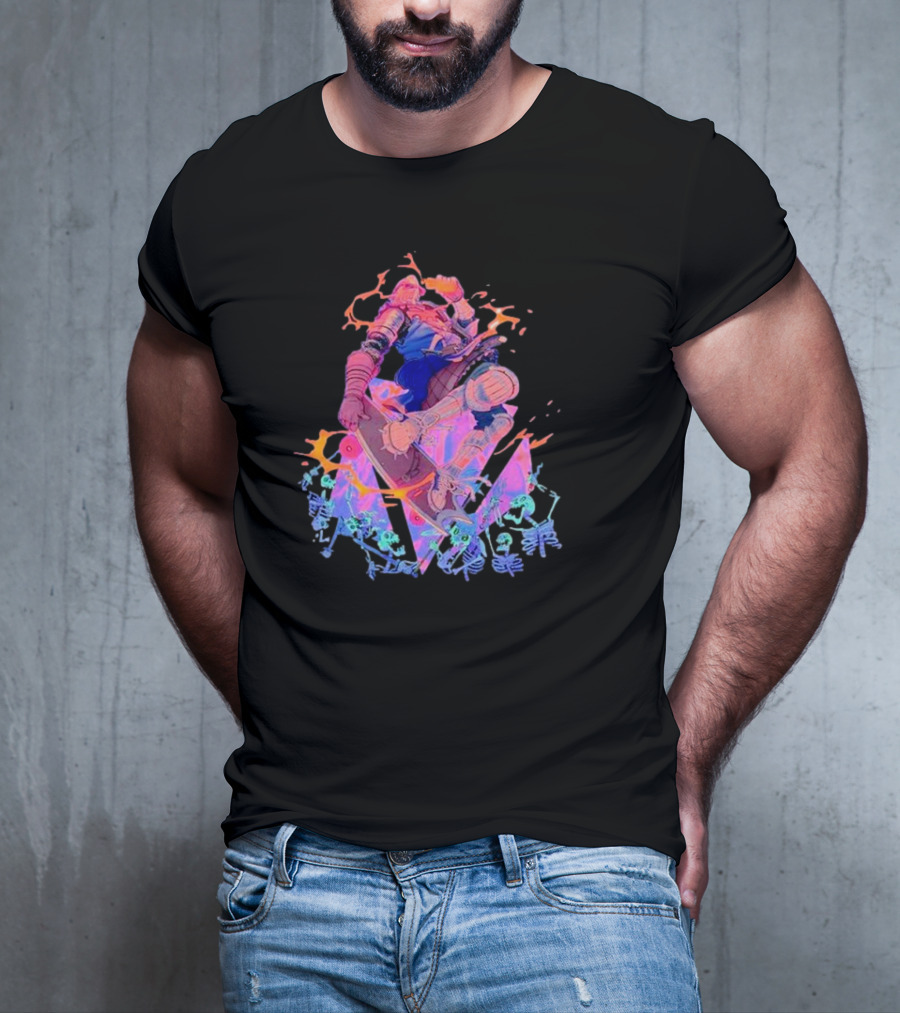Skateboard Knight Neon Fantasy Warrior On Shredding Skeletons T-Shirt