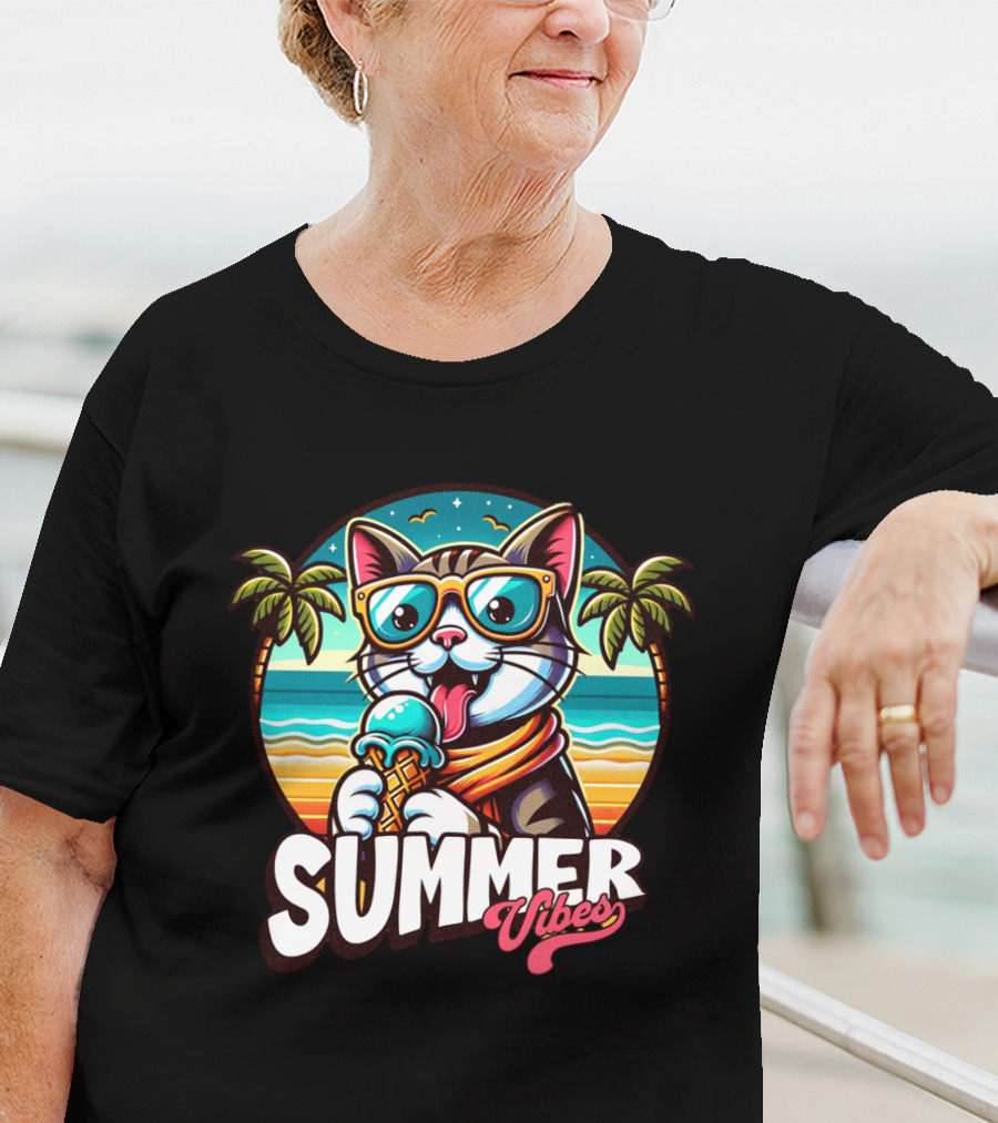 Summer Vibes Cat With Sunglasses And Ice Cream Ocean Sunset Palms T-Shirt