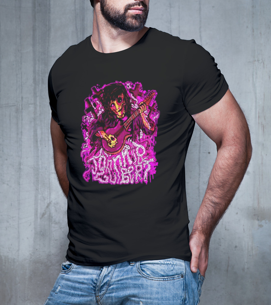 Zombie Johnnie Guilbert Playing Guitar With Purple Light And Crosses Background T-Shirt