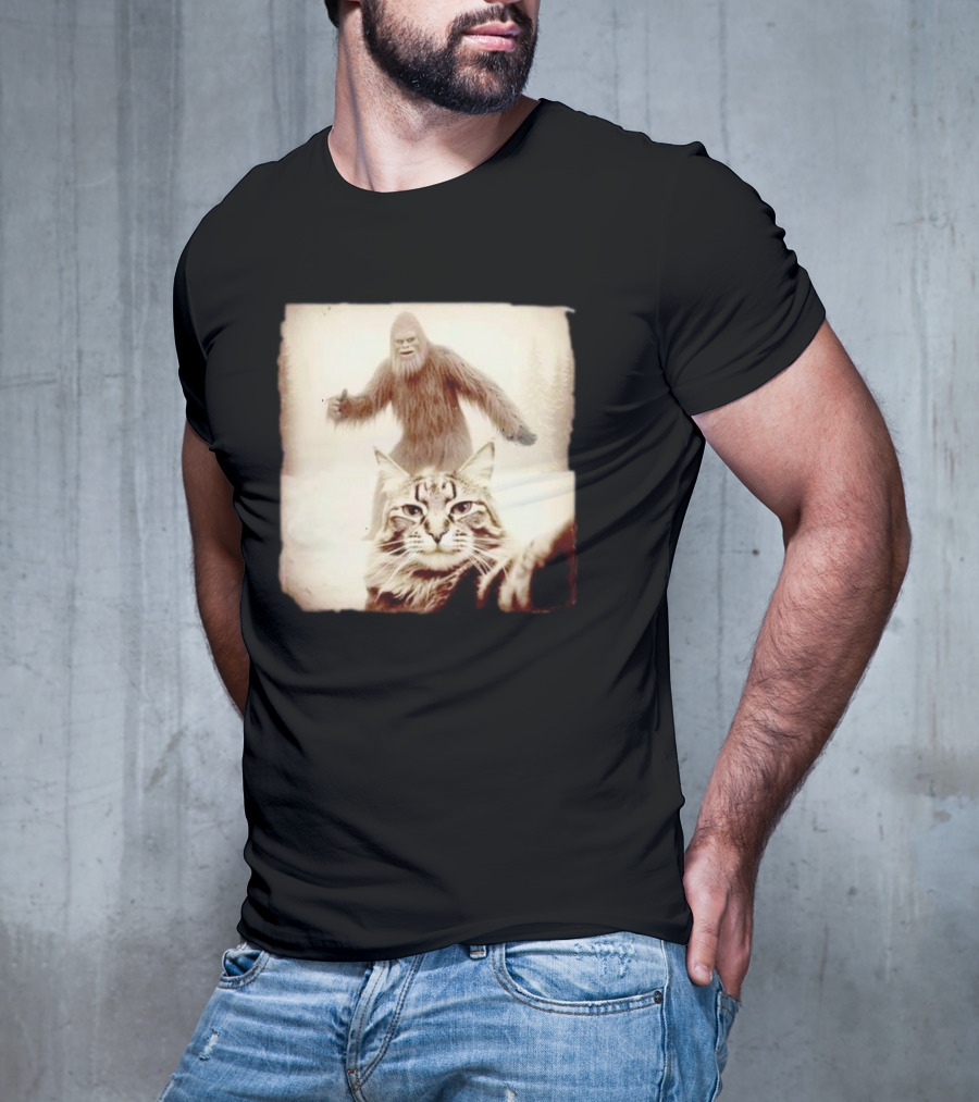 Cat Taking Selfie With Bigfoot In Snowy Forest Scene T-Shirt