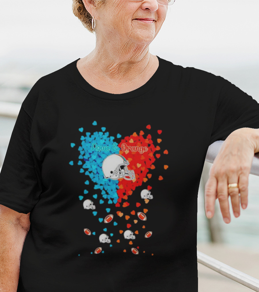 Aqua And Orange Miami Dolphins Hearts And Helmets Football T-Shirt