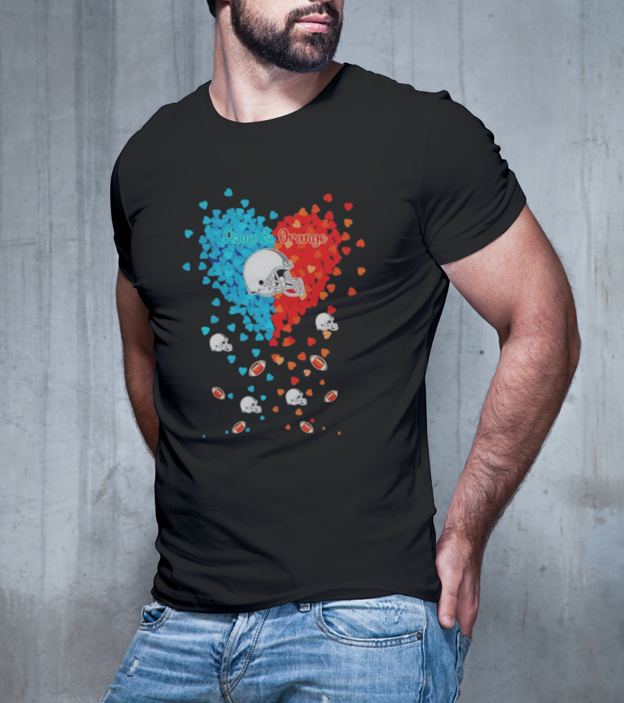 Aqua And Orange Miami Dolphins Hearts And Helmets Football T-Shirt