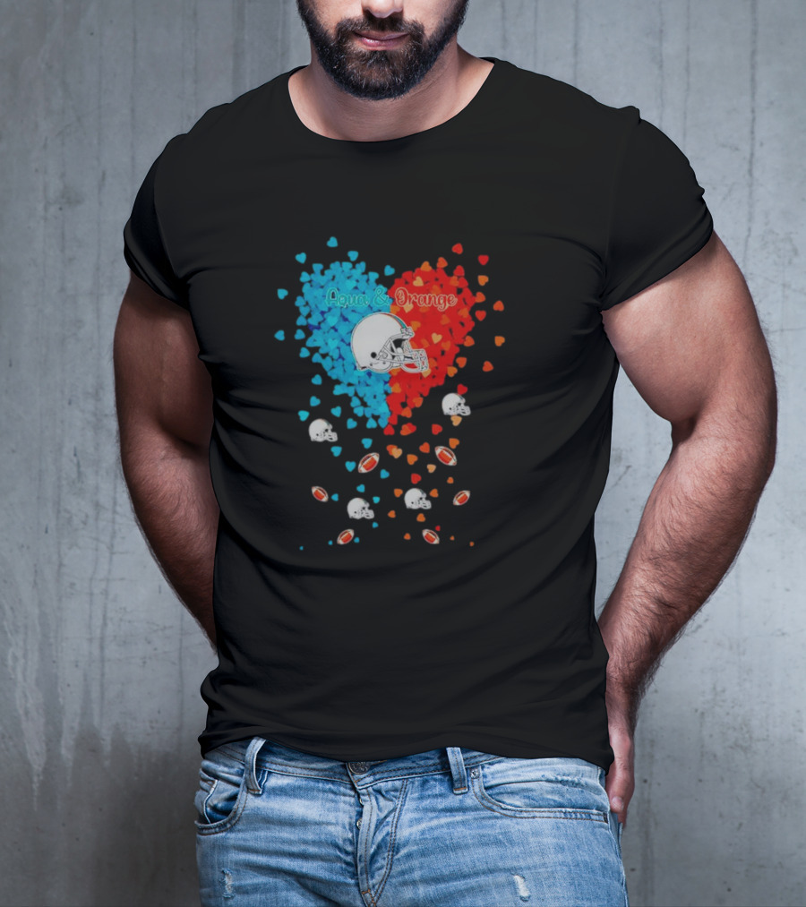 Aqua And Orange Miami Dolphins Hearts And Helmets Football T-Shirt