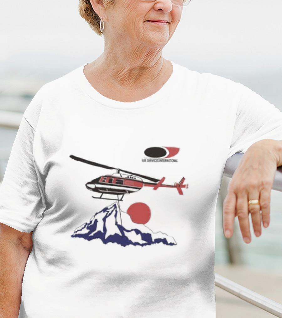 Air Services International Helicopter Over Mountain And Red Sun T-Shirt