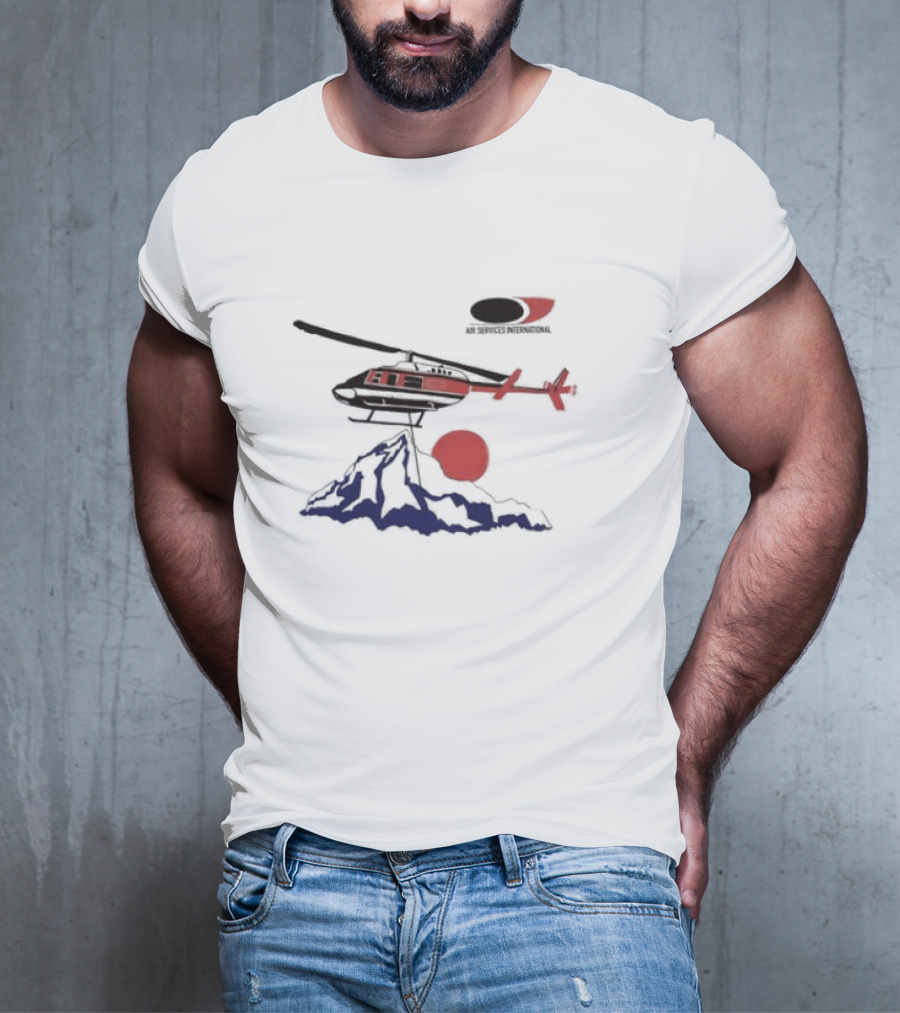 Air Services International Helicopter Over Mountain And Red Sun T-Shirt