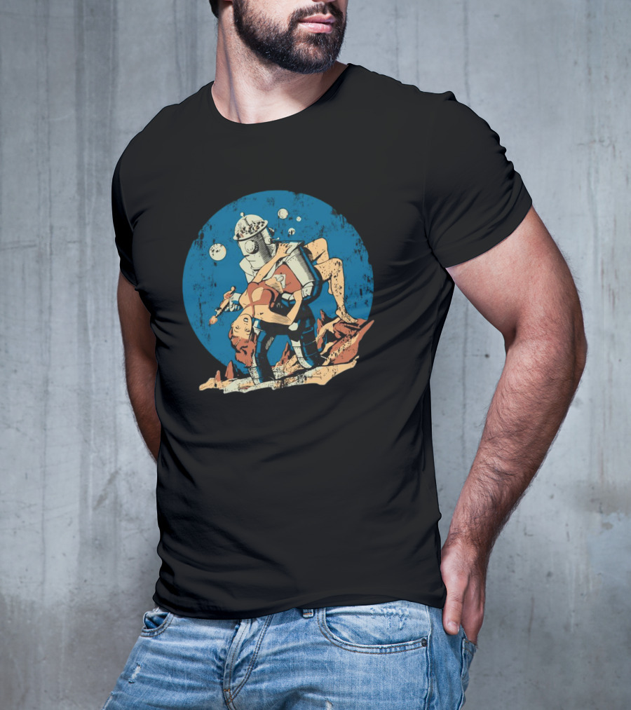 Damselindistress Retro Robot Romance Vintage Sci-Fi Space Adventure T-Shirt