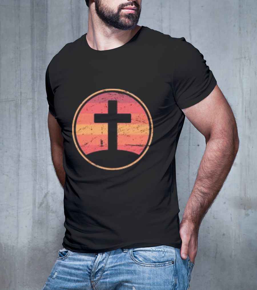 Retro Christian Cross Vintage Sunset On Champion T-Shirt