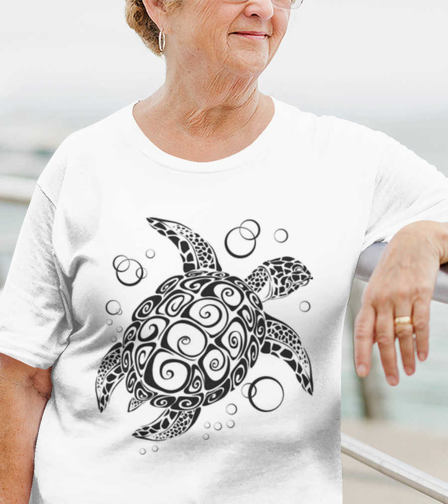 Sea Turtle Tribal Pattern With Bubbles T-Shirt