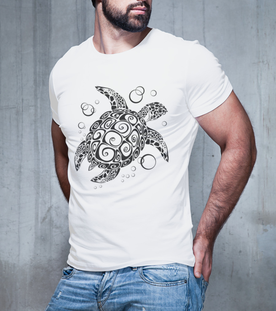 Sea Turtle Tribal Pattern With Bubbles T-Shirt