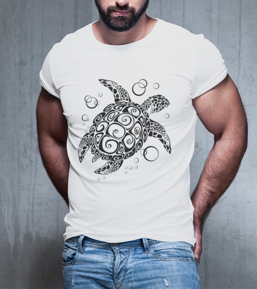 Sea Turtle Tribal Pattern With Bubbles T-Shirt