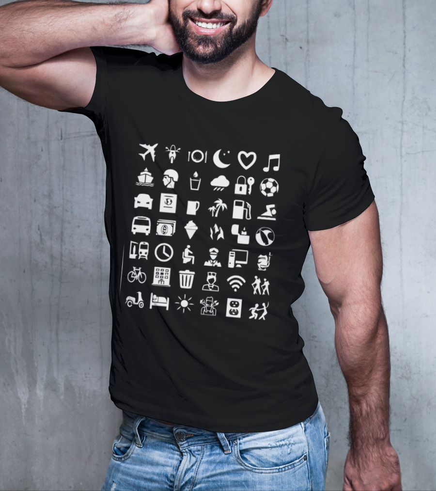 Symbol Travel Icons Airplane Music Bicycle Coffee Mug WiFi Soccer Bed Scooter Sun Plug Adventure T-Shirt