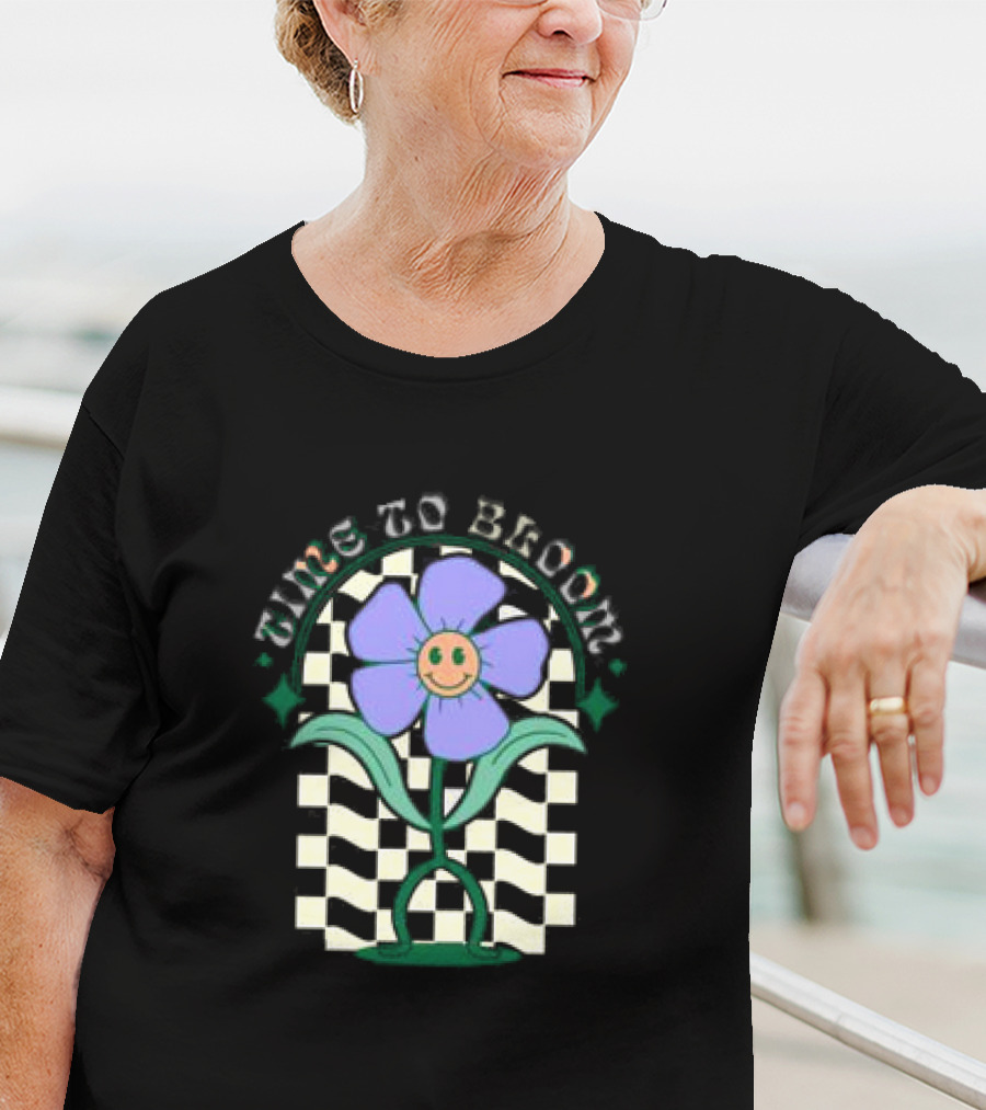 Time To Bloom Flower With Checkerboard Background And Smiley Face T-Shirt