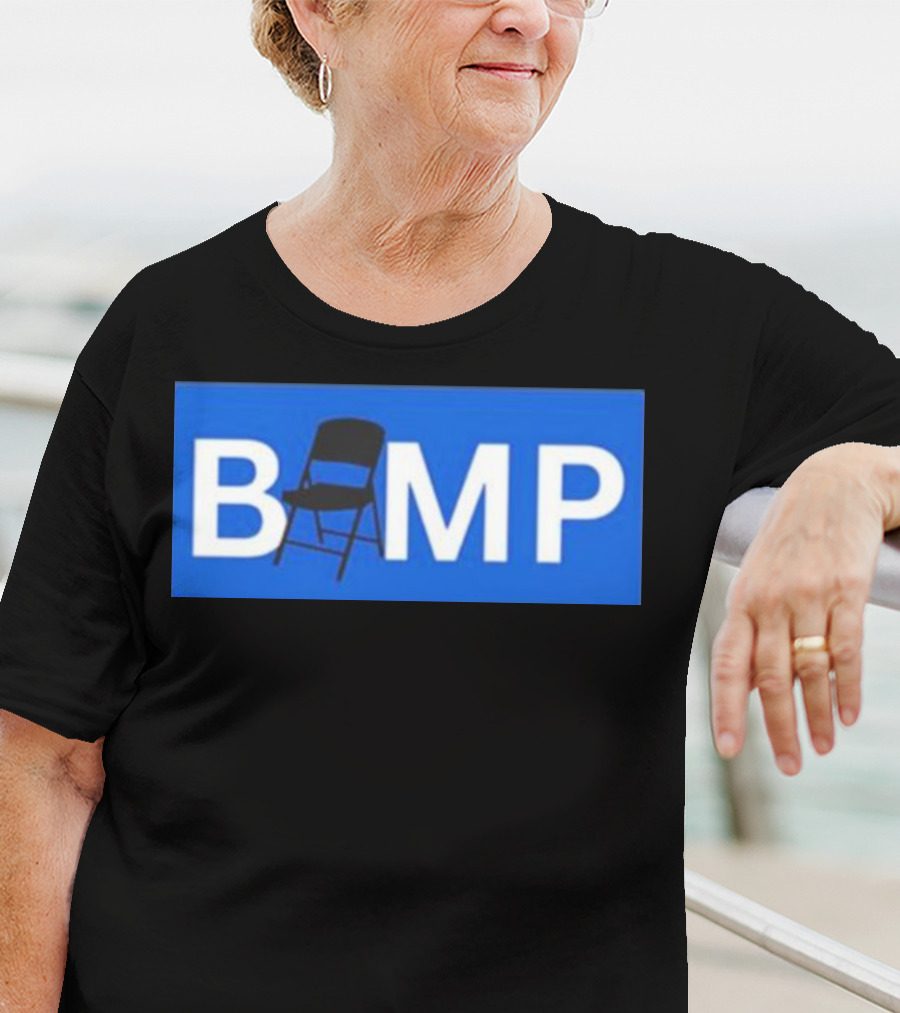 Bump Chair Logo With Folding Chair In Blue Block Letters T-Shirt