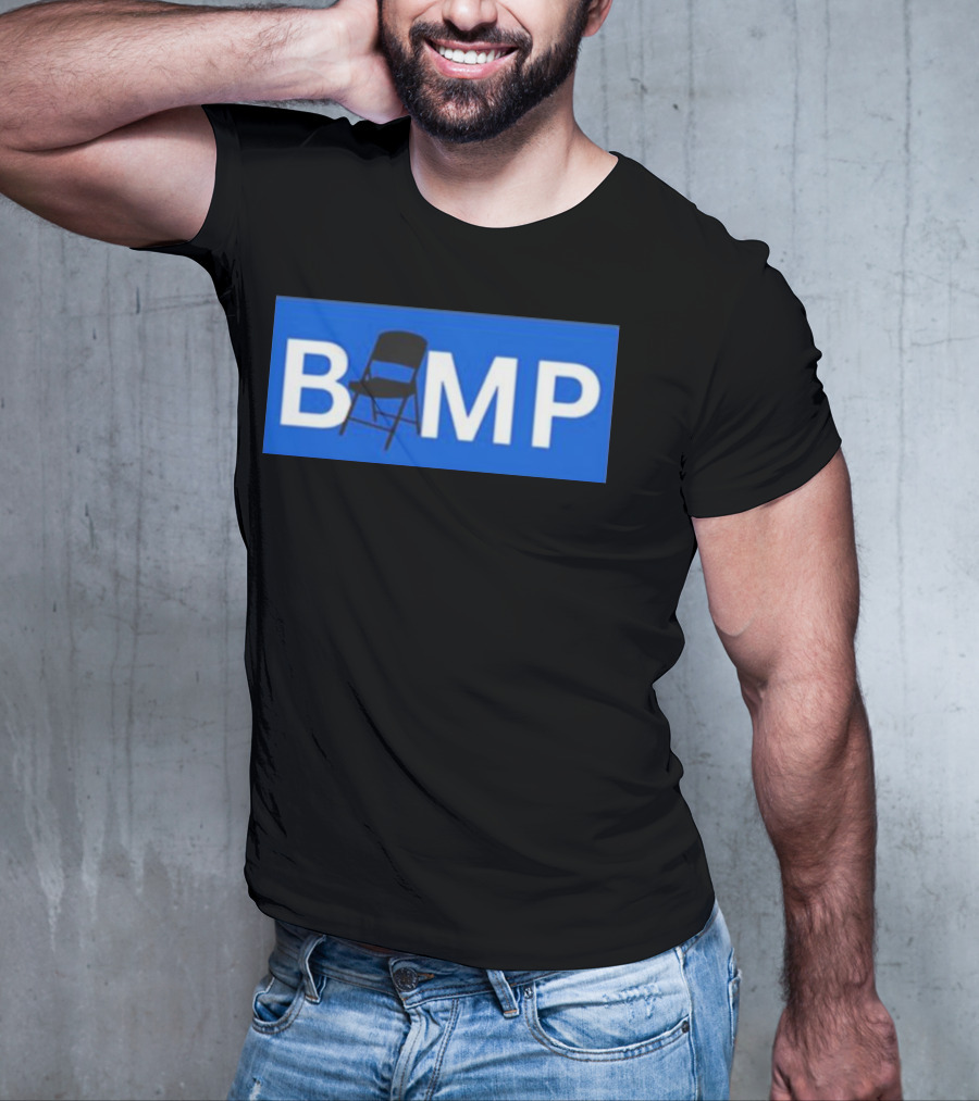 Bump Chair Logo With Folding Chair In Blue Block Letters T-Shirt