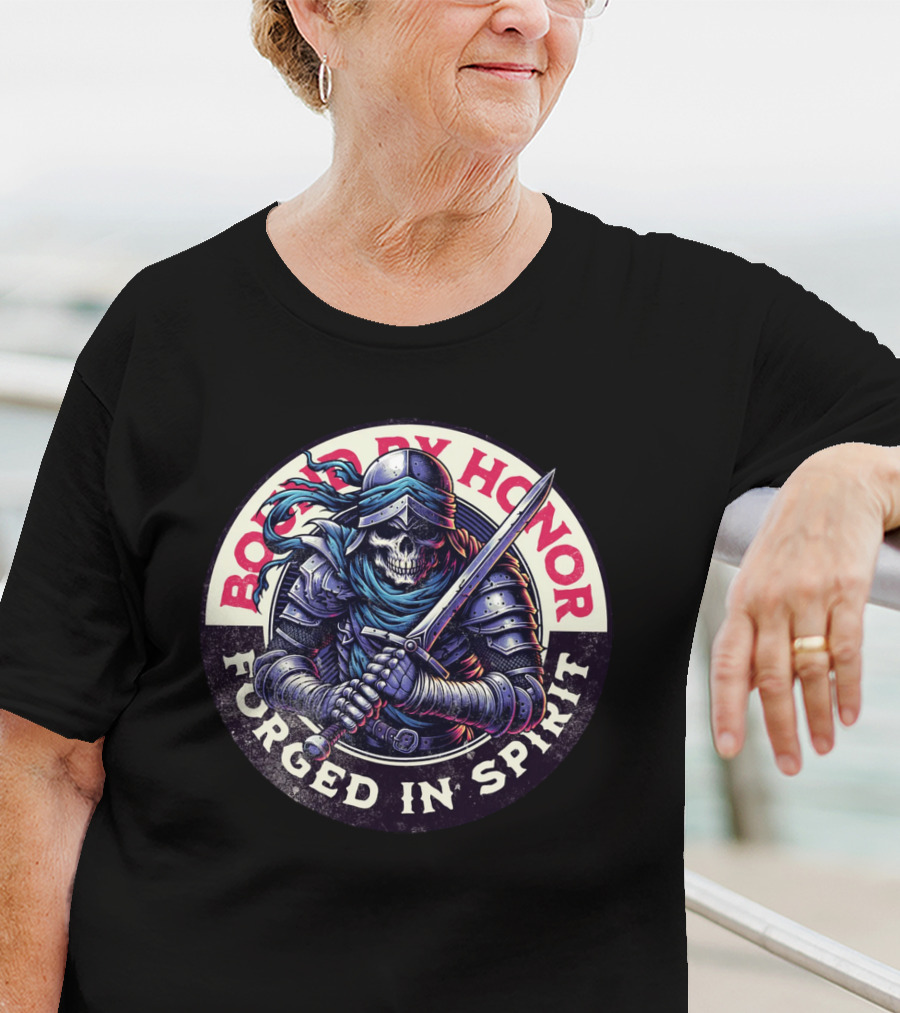 Bound By Honor Forged In Spirit Knight Skull With Sword T-Shirt