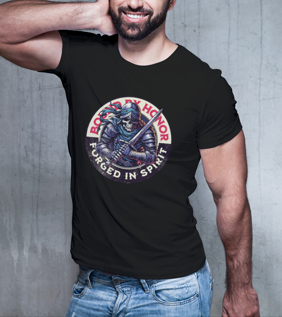 Bound By Honor Forged In Spirit Knight Skull With Sword T-Shirt