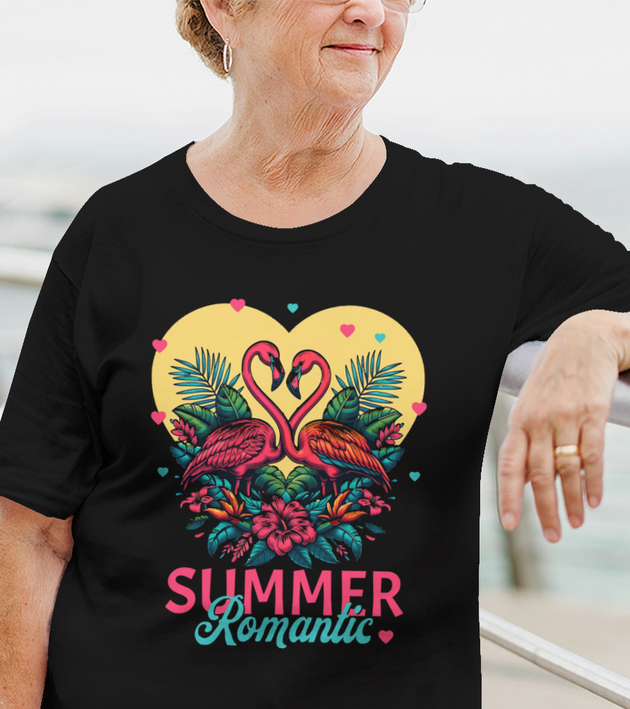 Summer Romantic Flamingo Birds Love Heart And Tropical Flowers T-Shirt