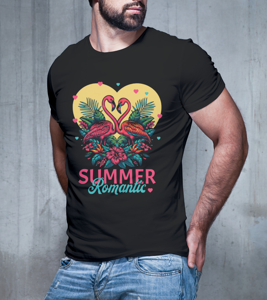 Summer Romantic Flamingo Birds Love Heart And Tropical Flowers T-Shirt