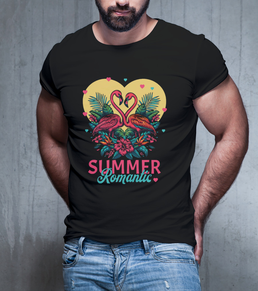 Summer Romantic Flamingo Birds Love Heart And Tropical Flowers T-Shirt