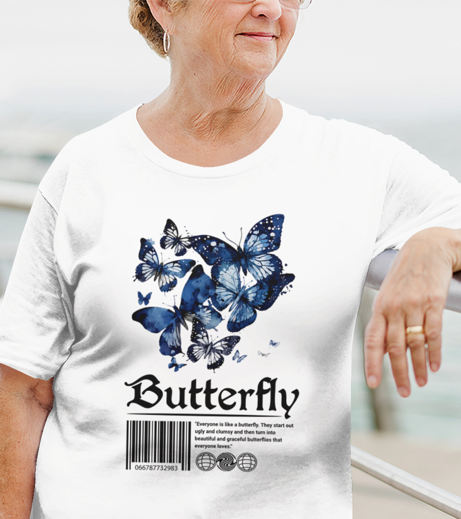 Butterfly Minimal Elegant Blue Watercolor Theme With Graceful Quote And Barcode T-Shirt