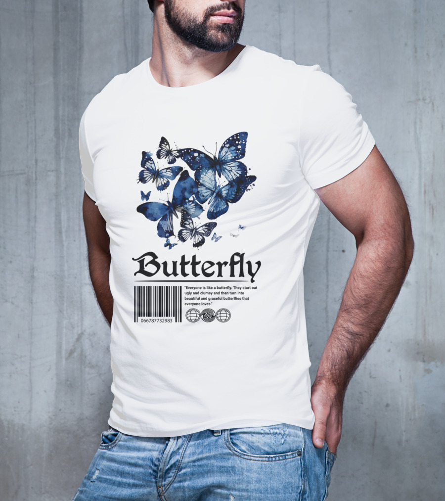 Butterfly Minimal Elegant Blue Watercolor Theme With Graceful Quote And Barcode T-Shirt