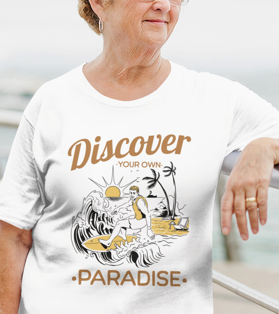 Discover Your Own Paradise Surfer Sunset Scene T-Shirt