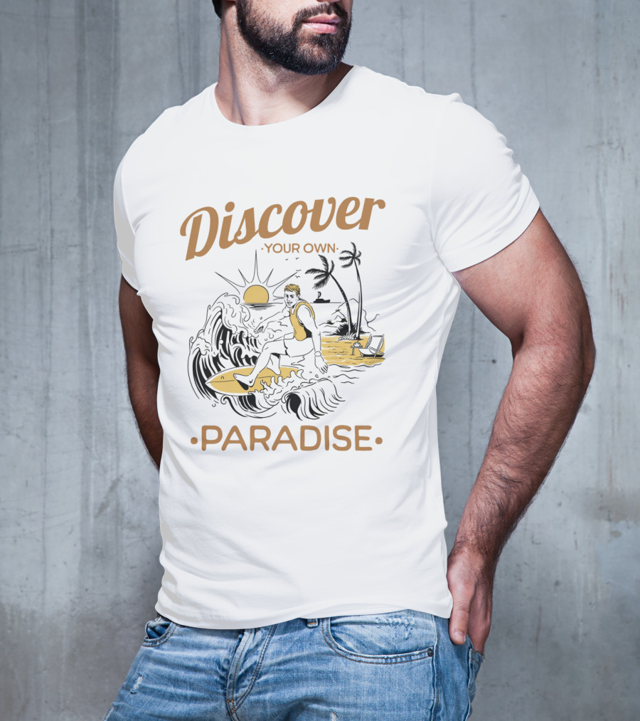 Discover Your Own Paradise Surfer Sunset Scene T-Shirt
