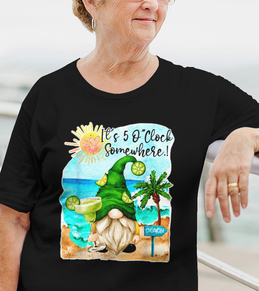 Margarita Gnome It’s 5 O’Clock Somewhere Palm Trees Beach Scene T-Shirt