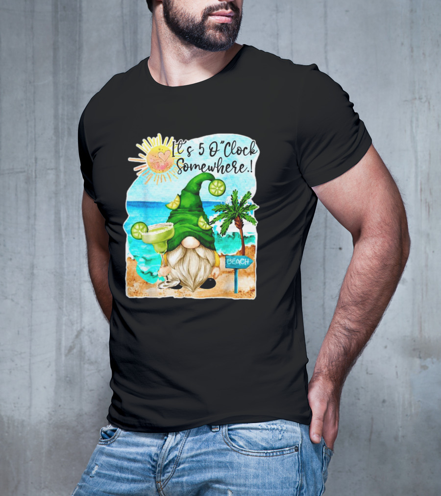 Margarita Gnome It’s 5 O’Clock Somewhere Palm Trees Beach Scene T-Shirt
