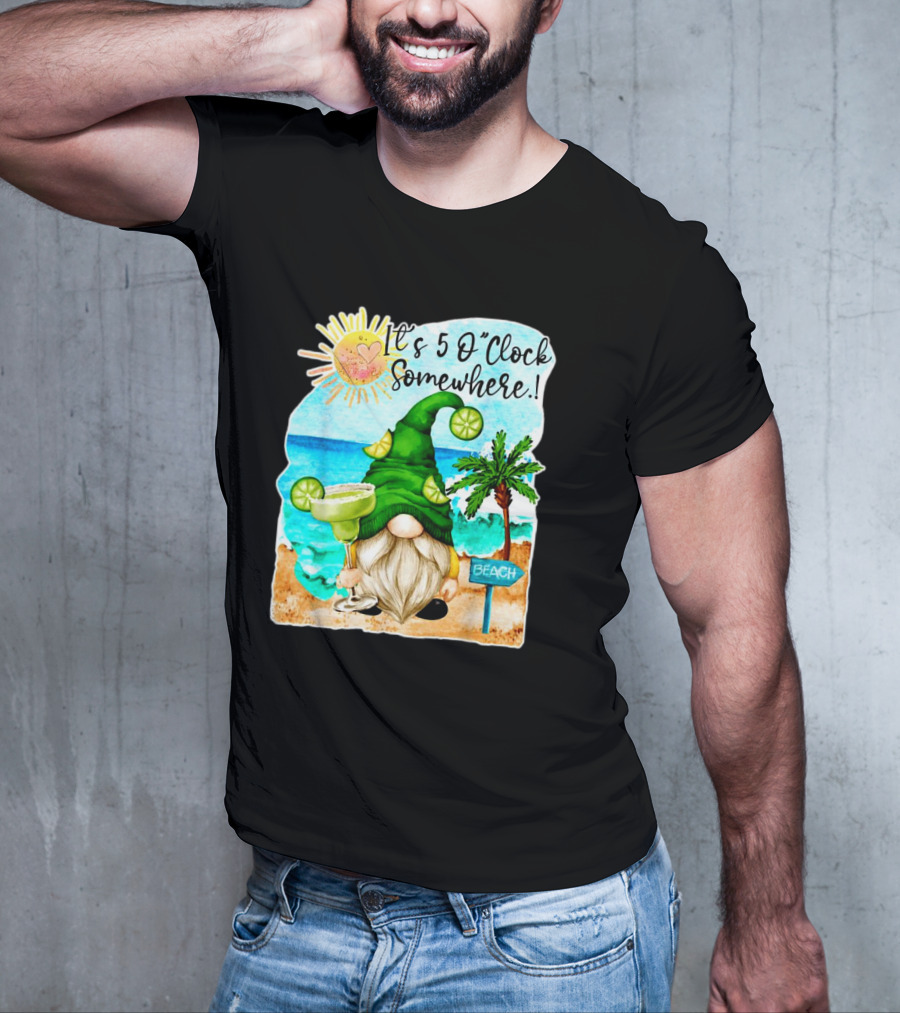 Margarita Gnome It’s 5 O’Clock Somewhere Palm Trees Beach Scene T-Shirt