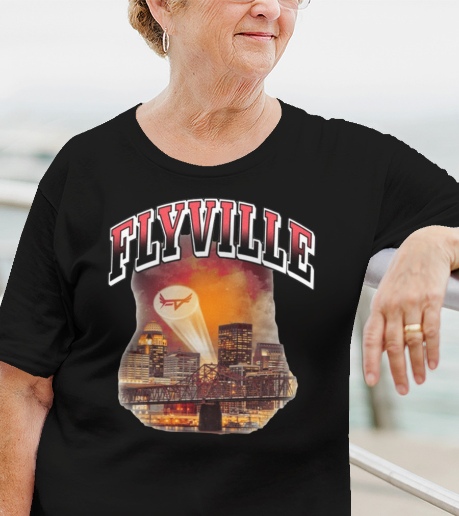 Flyville Skyline With Spotlight Logo Over City Bridge T-Shirt