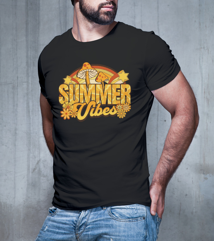 Groovy Summer Vibes With Mushroom And Flower Rainbow T-Shirt