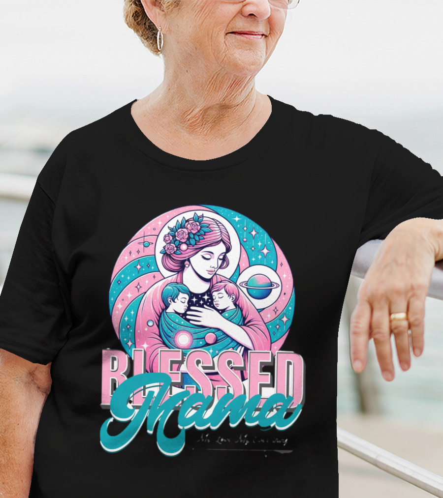 Blessed Mama Cosmic Mother With Children And Floral Halo T-Shirt