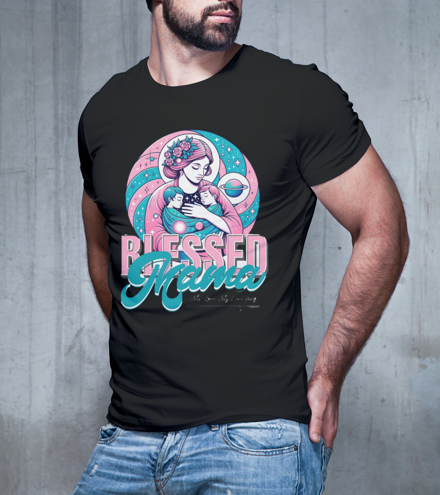 Blessed Mama Cosmic Mother With Children And Floral Halo T-Shirt