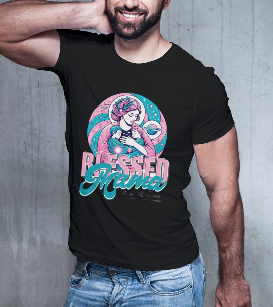Blessed Mama Cosmic Mother With Children And Floral Halo T-Shirt