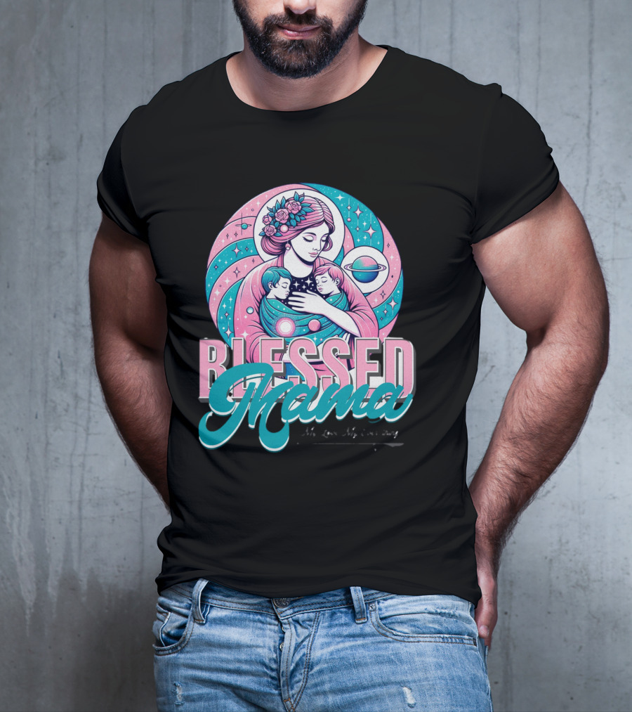 Blessed Mama Cosmic Mother With Children And Floral Halo T-Shirt